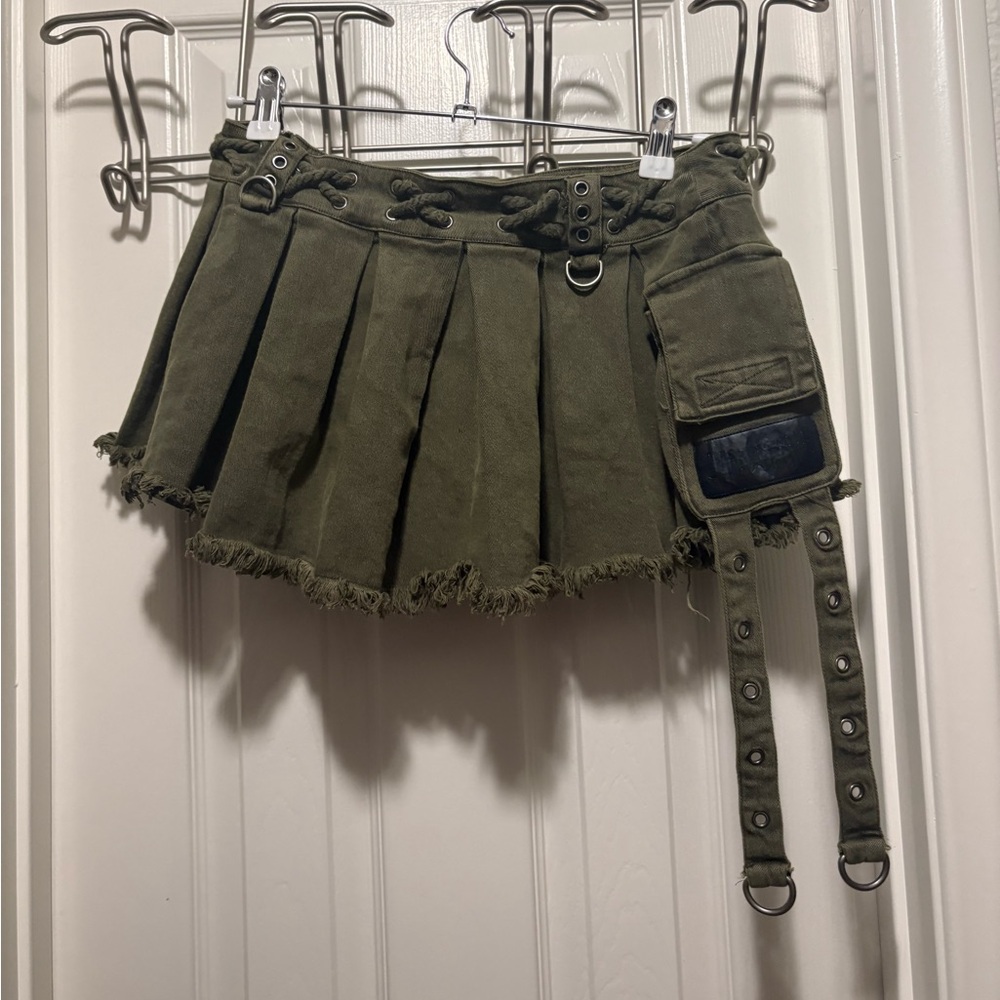 Olive Green Mini Skirt with Utility Pocket